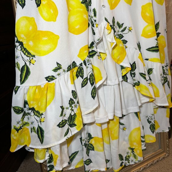 Lulus Air Yellow Lemon & Floral Print High-Low Midi Dress – Size [L] - Picture 4 of 12